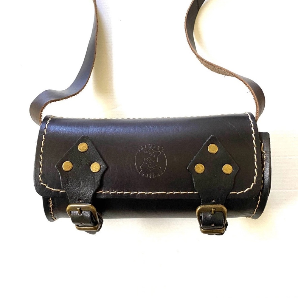 Black Leather Studded Cylinder Mini Barrel Bag Crossbody Purse Double Buckle